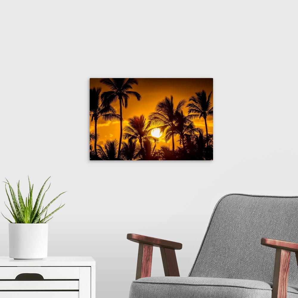 A modern room featuring The sun setting through silhouetted palm trees; Wailea, Maui, Hawaii, United States of America.
