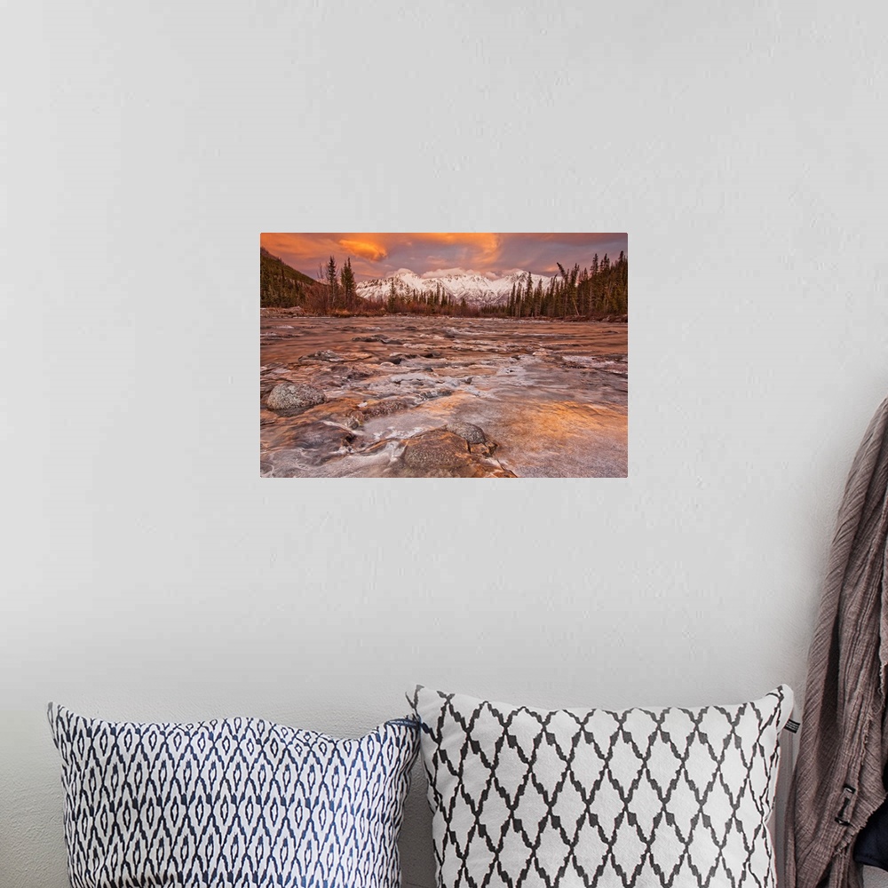 A bohemian room featuring The Wheaton River In Early Winter Snow Covered Mountains, Yukon, Canada
