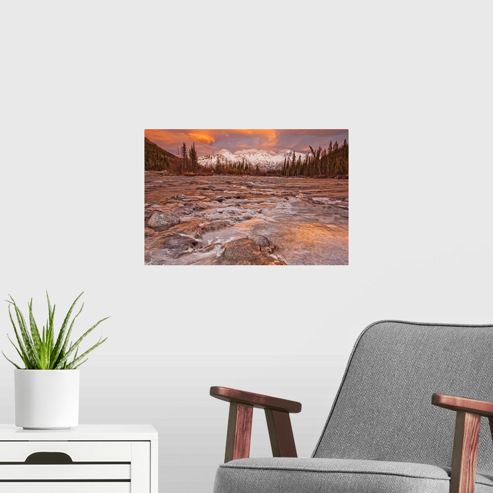 A modern room featuring The Wheaton River In Early Winter Snow Covered Mountains, Yukon, Canada