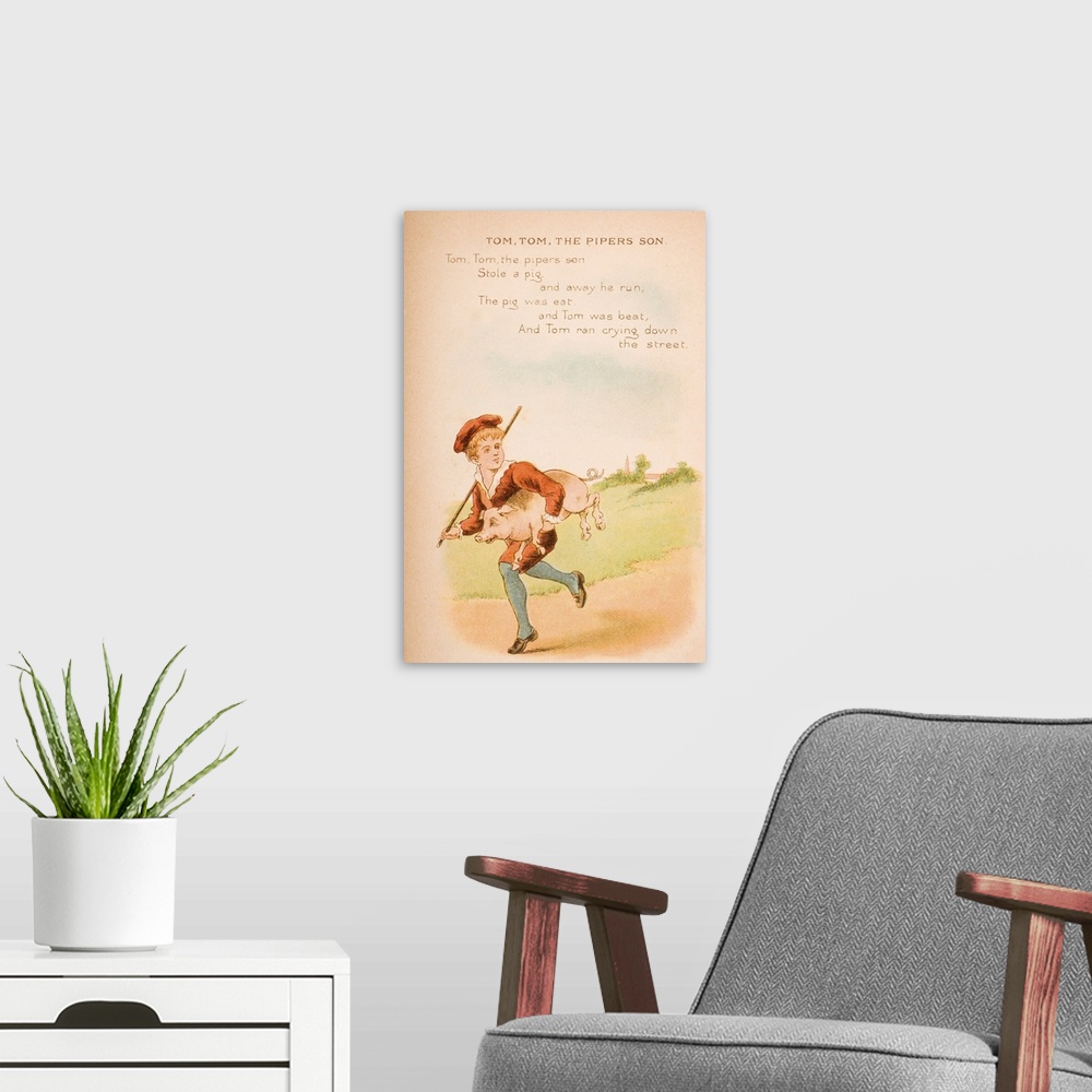 A modern room featuring Nursery Rhyme And Illustration Of Tom Tom The Piper's Son From "Old Mother Goose's Rhymes And Tal...