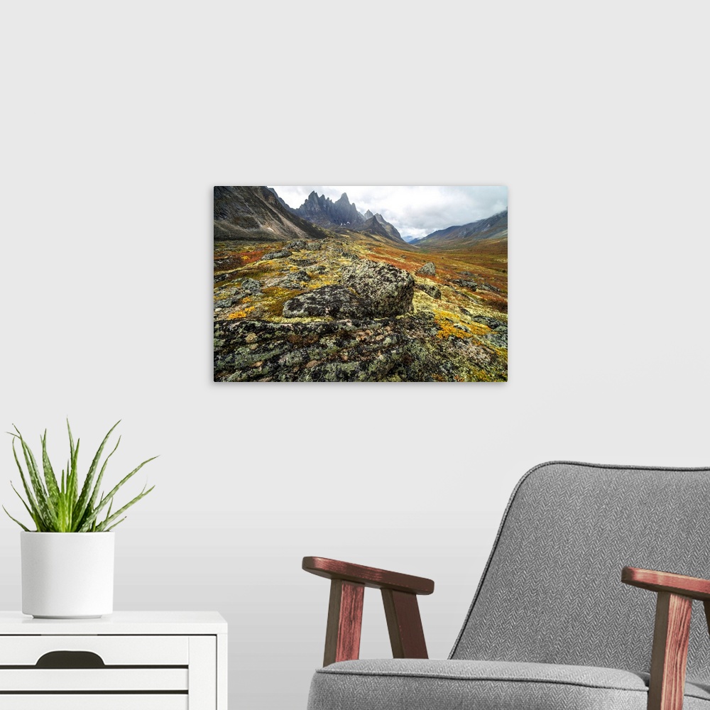 A modern room featuring The Tombstone Valley in autumn colours with Tombstone Mountain rising above the tundra in Tombsto...