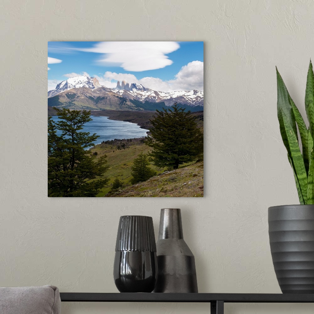 A modern room featuring Torres del Paine National Park landscape, Torres del Paine, Magallanes and Antartica Chilena Regi...