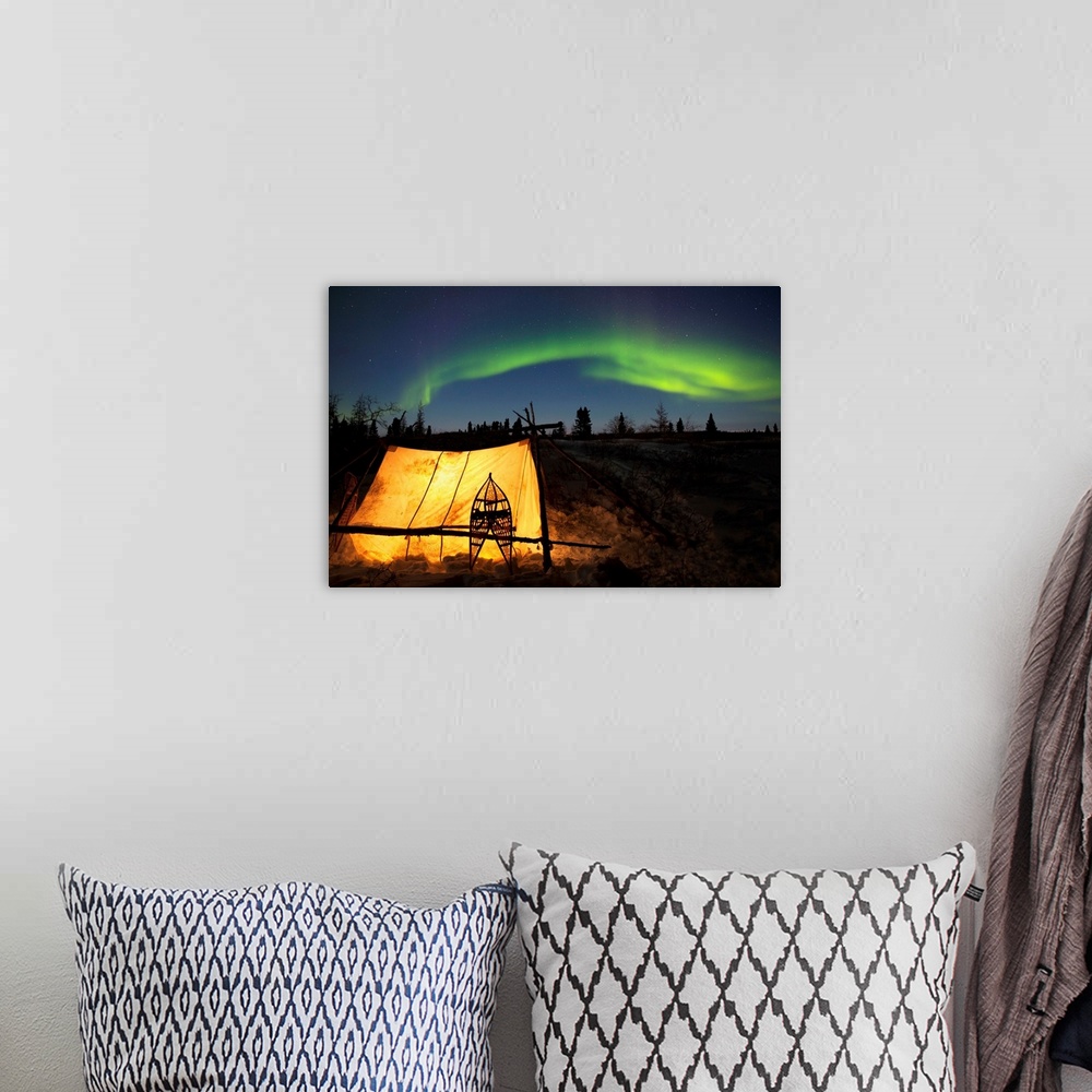 A bohemian room featuring Trappers Tent Lit Up With Aurora Borealis, Manitoba, Canada