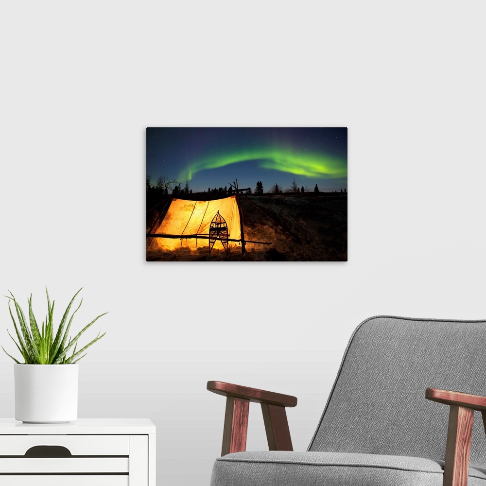 A modern room featuring Trappers Tent Lit Up With Aurora Borealis, Manitoba, Canada
