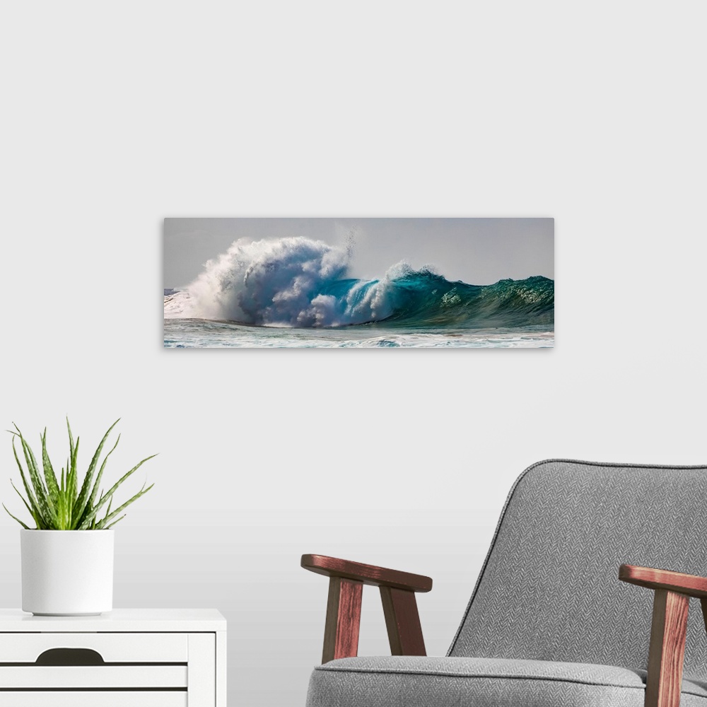 A modern room featuring Tropical ocean waves crashing and splashing off the Na Pali coast; Kauai, Hawaii, united states o...