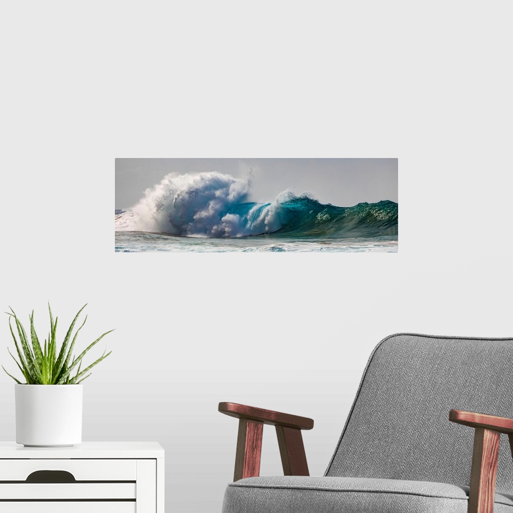 A modern room featuring Tropical ocean waves crashing and splashing off the Na Pali coast; Kauai, Hawaii, united states o...