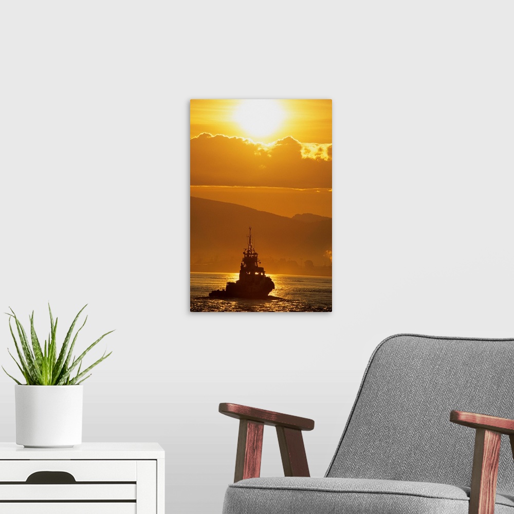 A modern room featuring Tugboat At Sunrise, Burrard Inlet, Vancouver British Columbia, Canada