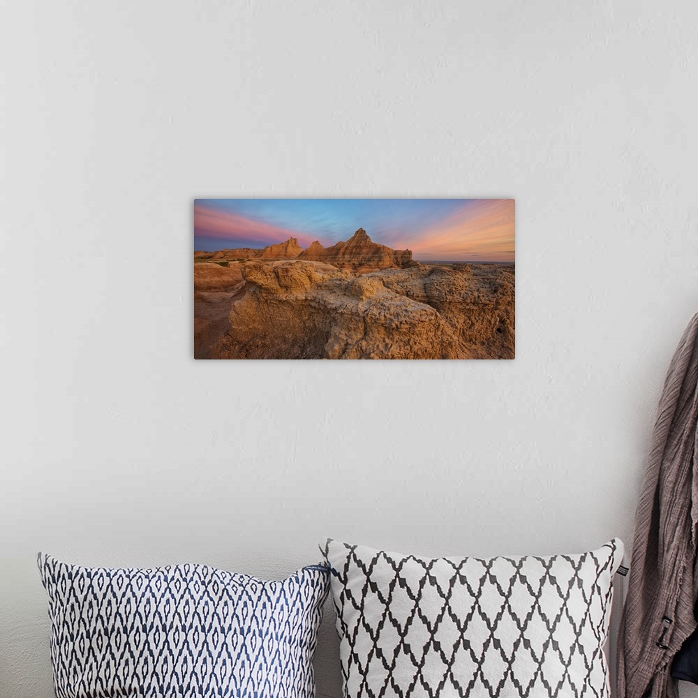 A bohemian room featuring Twilight over the Hoodoos and rock formations in Badlands National Park, South Dakota