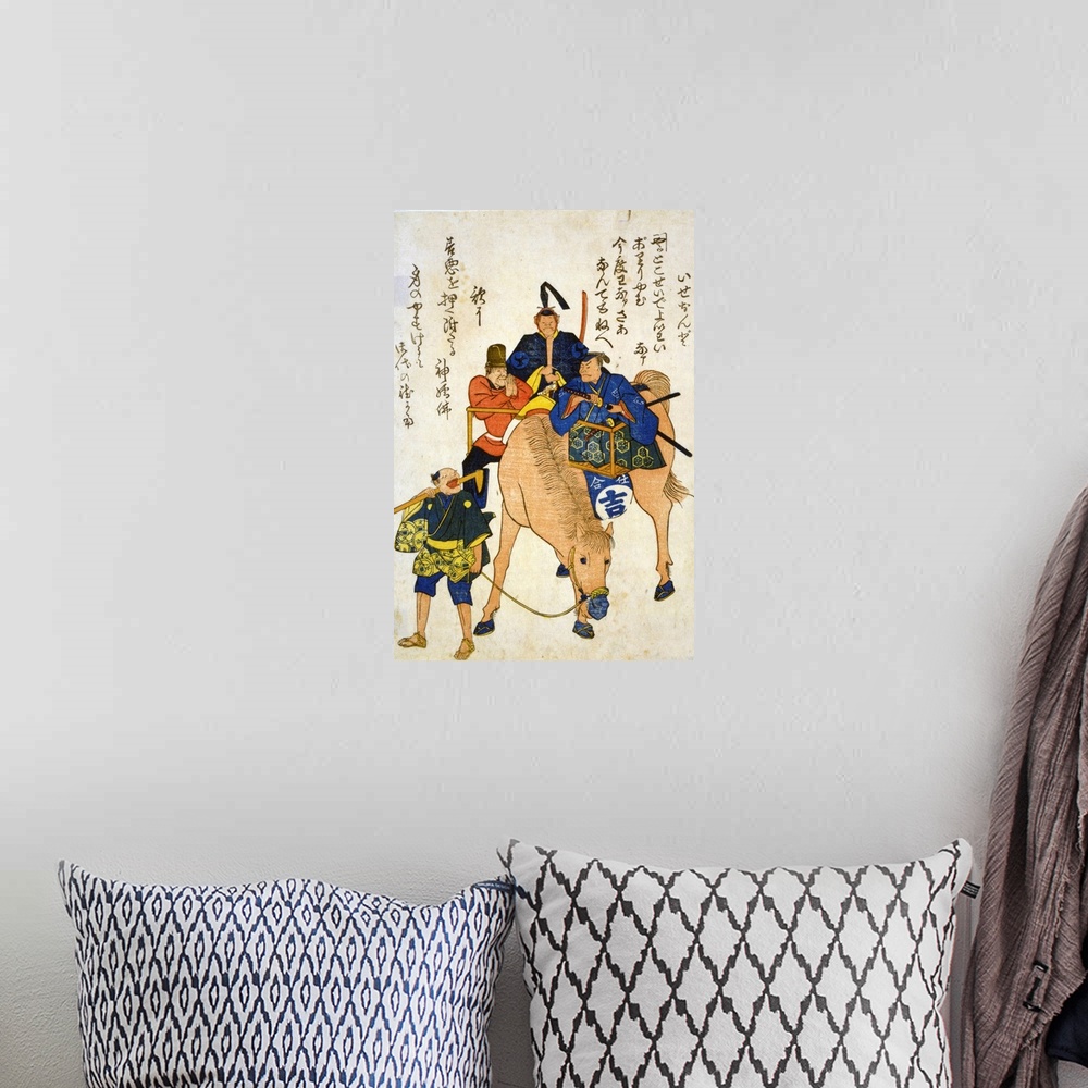 A bohemian room featuring Print on hosho paper, woodcut, colour, of Two Japanese men and one foreigner riding on a horse wh...
