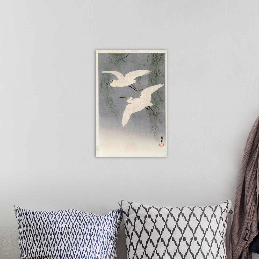 A bohemian room featuring Two Little Egrets in Flight, by Japanese artist Ohara Koson, 1877 - 1945.  Ohara Koson was part o...