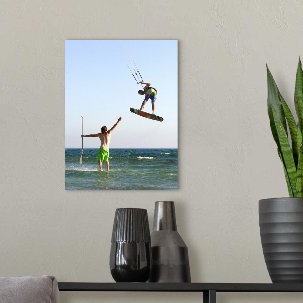 A modern room featuring Two Men Off Valdevaqueros Beach Parasailing And Surfing, Tarifa, Andalusia, Spain
