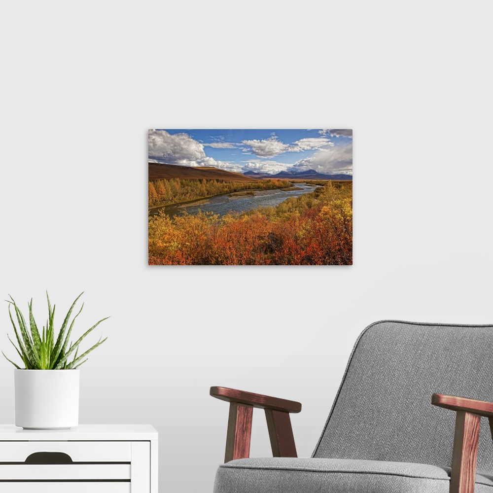 A modern room featuring Upper Blackstone River Flowing North Along The Demspter Highway In Autumn, Yukon Canada