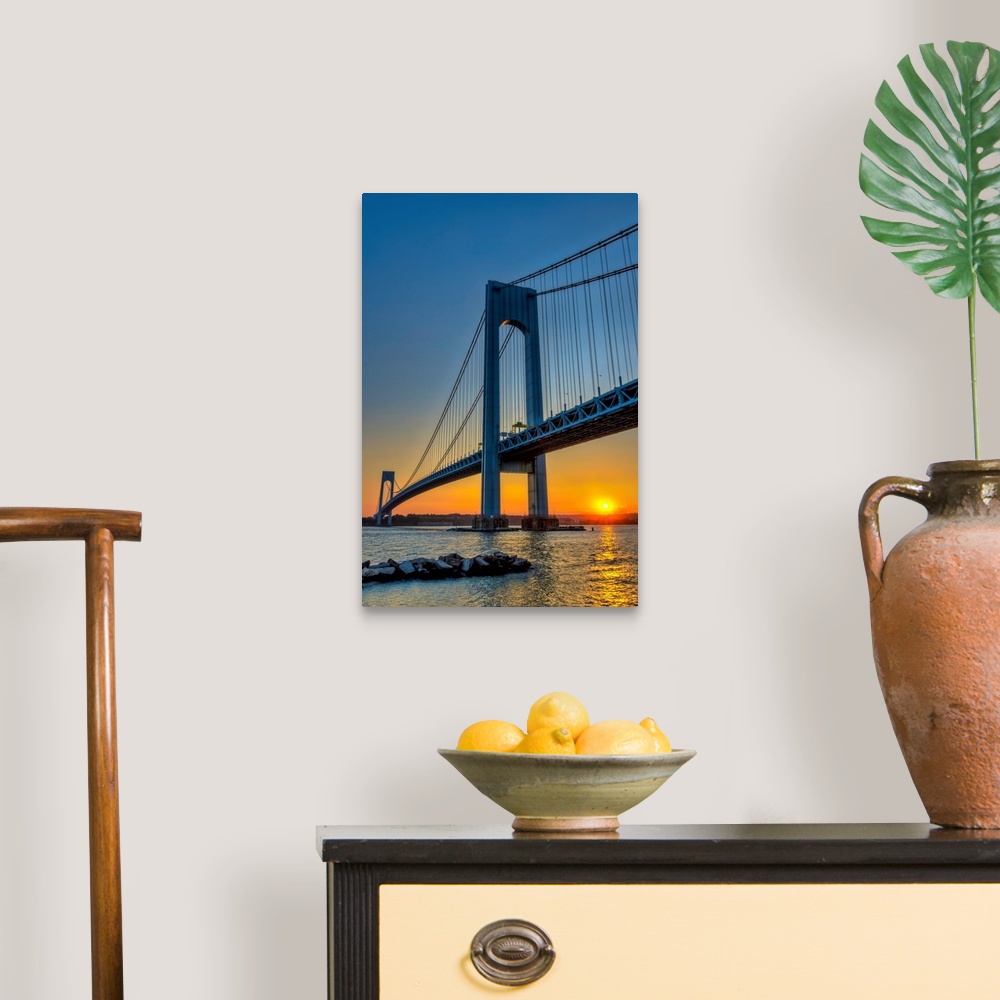 A traditional room featuring Verrazano-Narrows Bridge at sunset;  Brooklyn, New York, United States of America