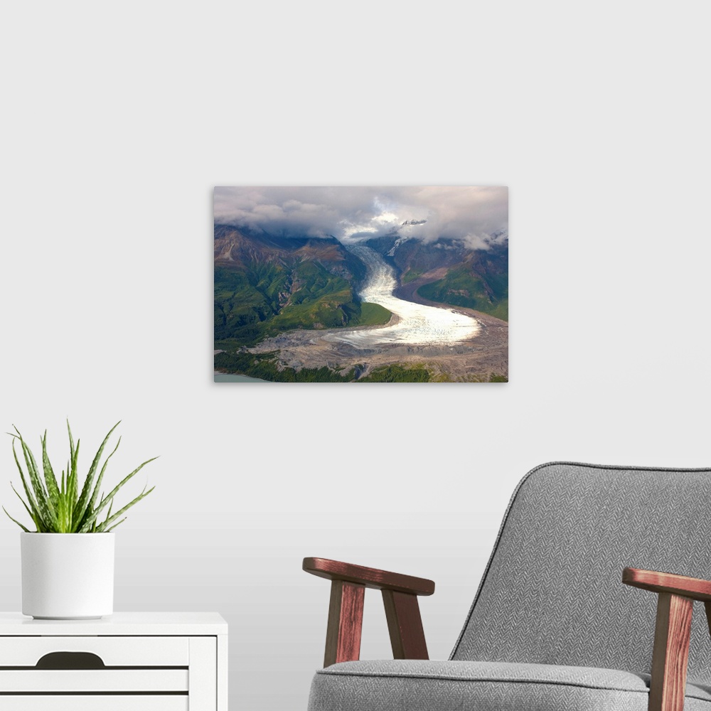 A modern room featuring View of Barrier Glacier entering into the east side of Chakachamna Lake, Alaska Range