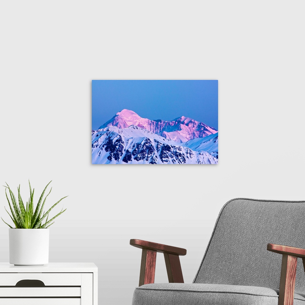 A modern room featuring View of dawn alpenglow on the North and South summits of Mount McKinley