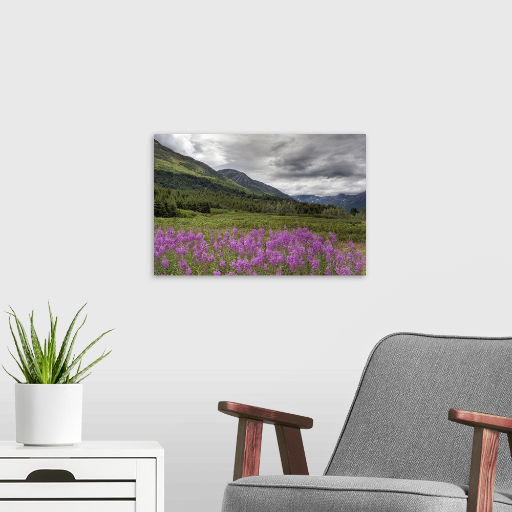 A modern room featuring Purple colored flowers grow wild and are photographed in the foreground of this picture which sho...