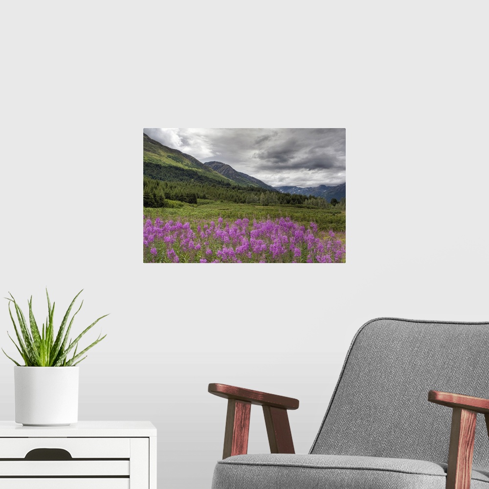 A modern room featuring Purple colored flowers grow wild and are photographed in the foreground of this picture which sho...