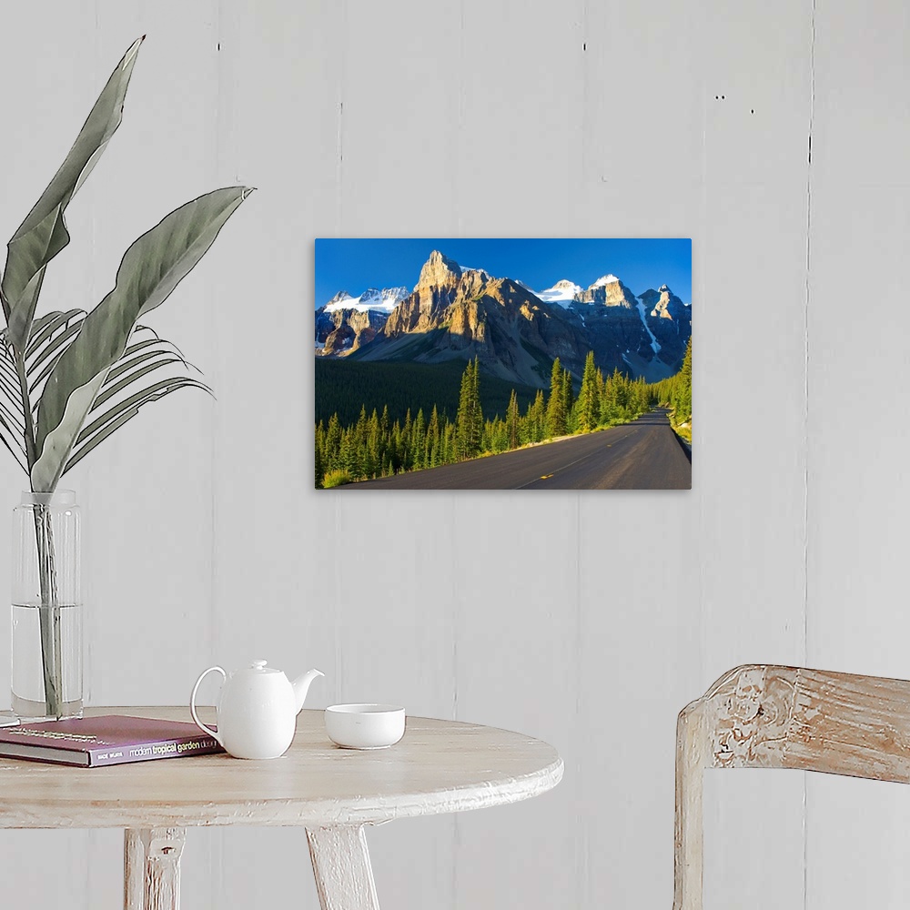 A farmhouse room featuring View Of Glacial Mountains And Trees Along The Road; Alberta Canada