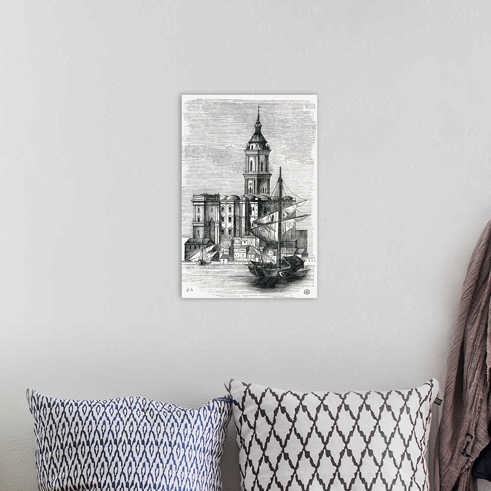 A bohemian room featuring View Of Malaga Cathedral From The Port. 19th Century Print From The "Viaje Ilustrado." Malaga, Co...