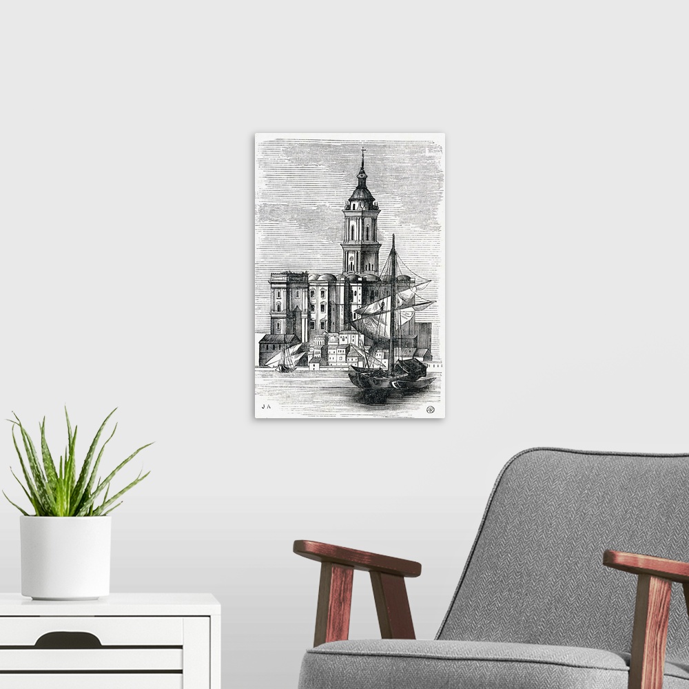 A modern room featuring View Of Malaga Cathedral From The Port. 19th Century Print From The "Viaje Ilustrado." Malaga, Co...
