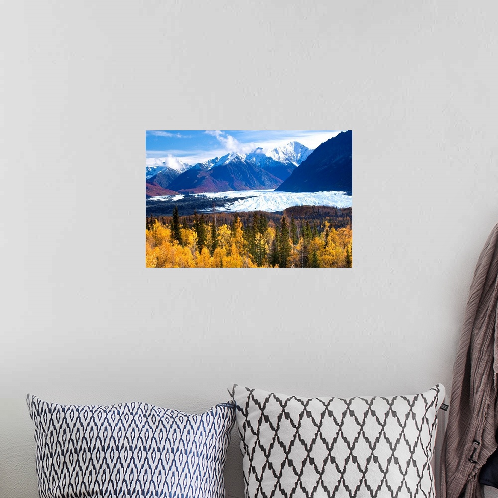 A bohemian room featuring View of Matanuska Glacier with golden autumnal Aspen trees in the foreground