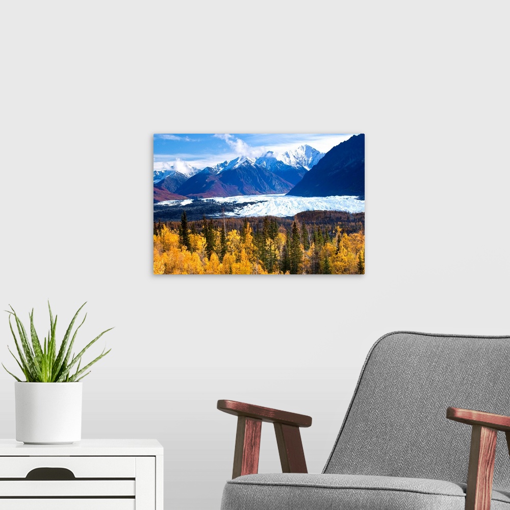 A modern room featuring View of Matanuska Glacier with golden autumnal Aspen trees in the foreground