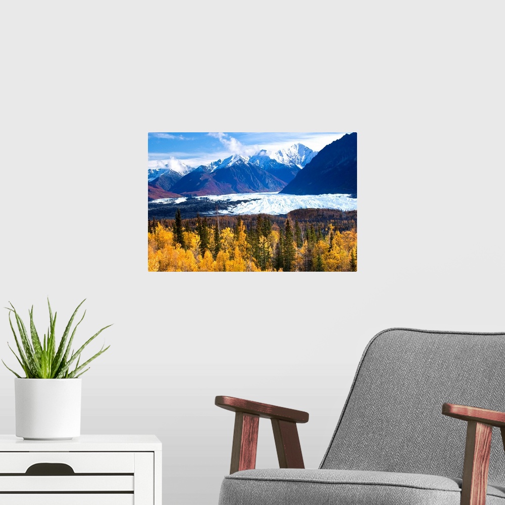 A modern room featuring View of Matanuska Glacier with golden autumnal Aspen trees in the foreground