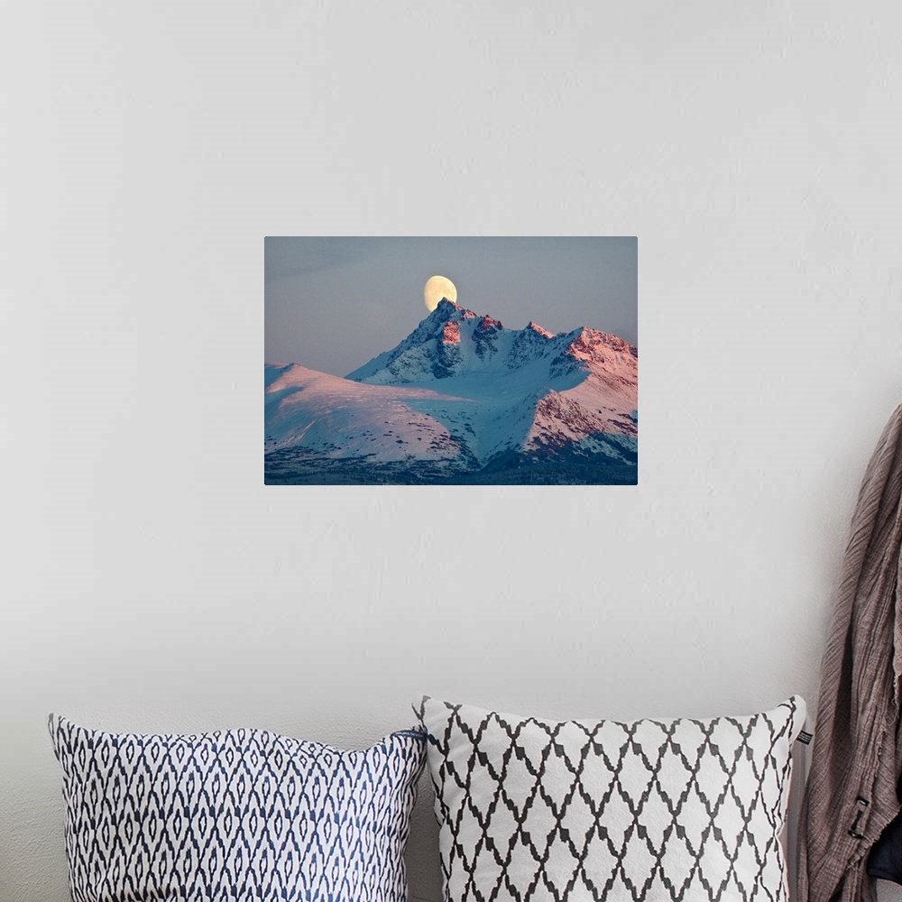 A bohemian room featuring View of moon rising behind O'Malley Peak, Chugach Mountains, Anchorage, Southcentral Alaska, Winter