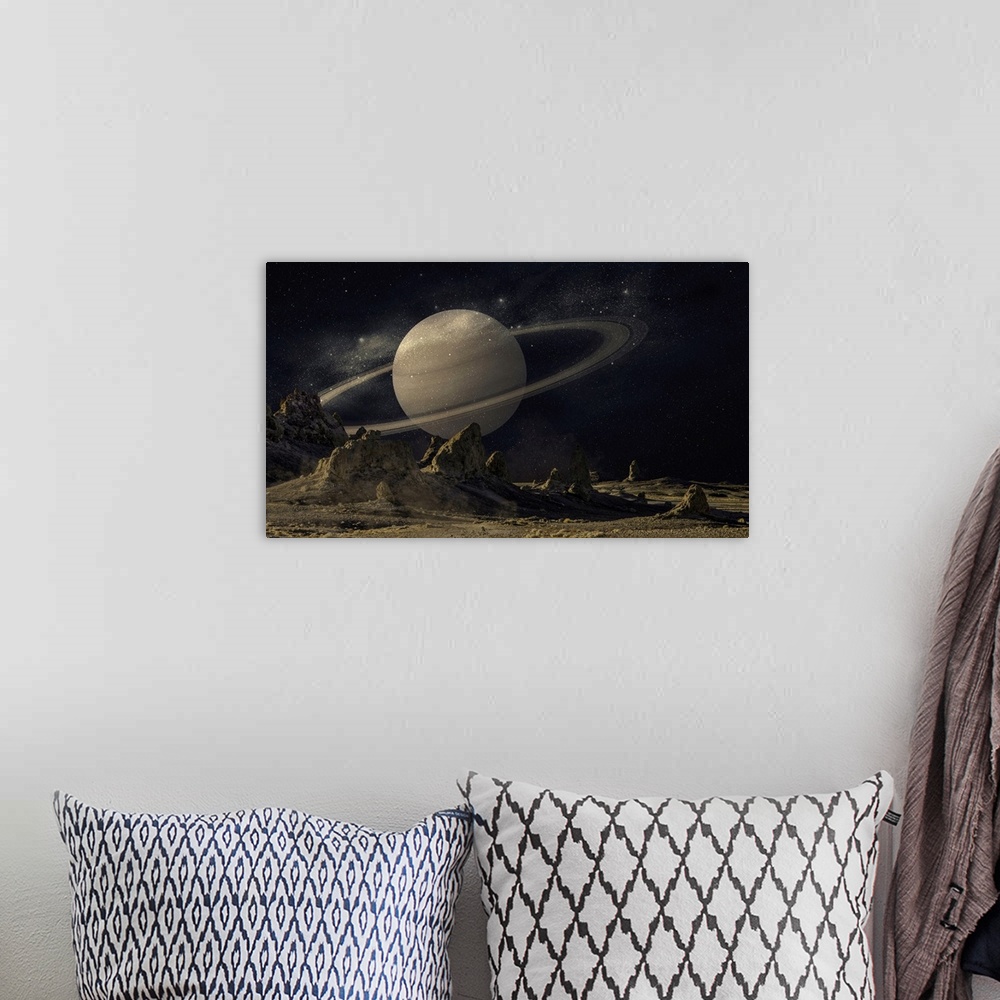 A bohemian room featuring View of Saturn from the surface of mars, a composite image.