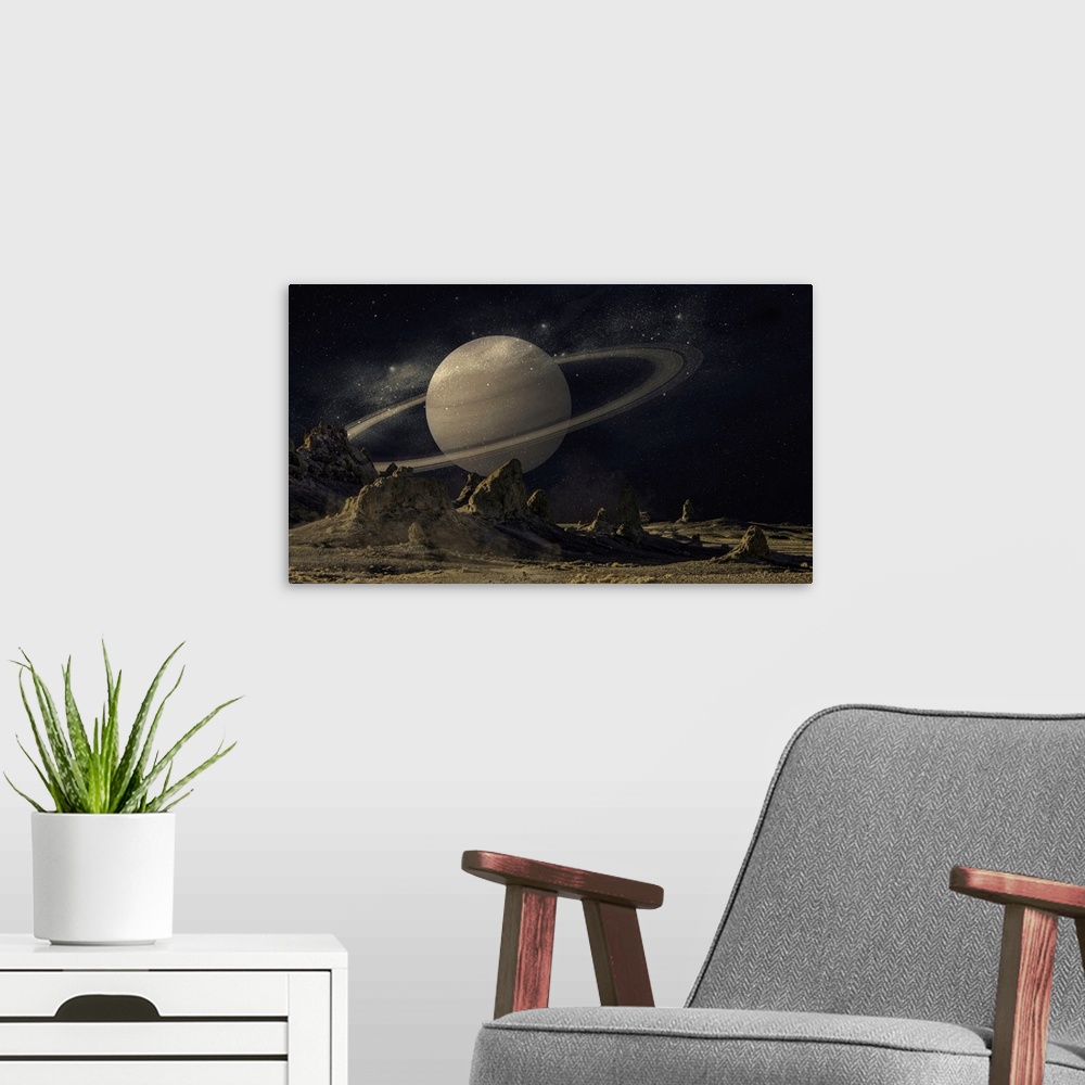 A modern room featuring View of Saturn from the surface of mars, a composite image.