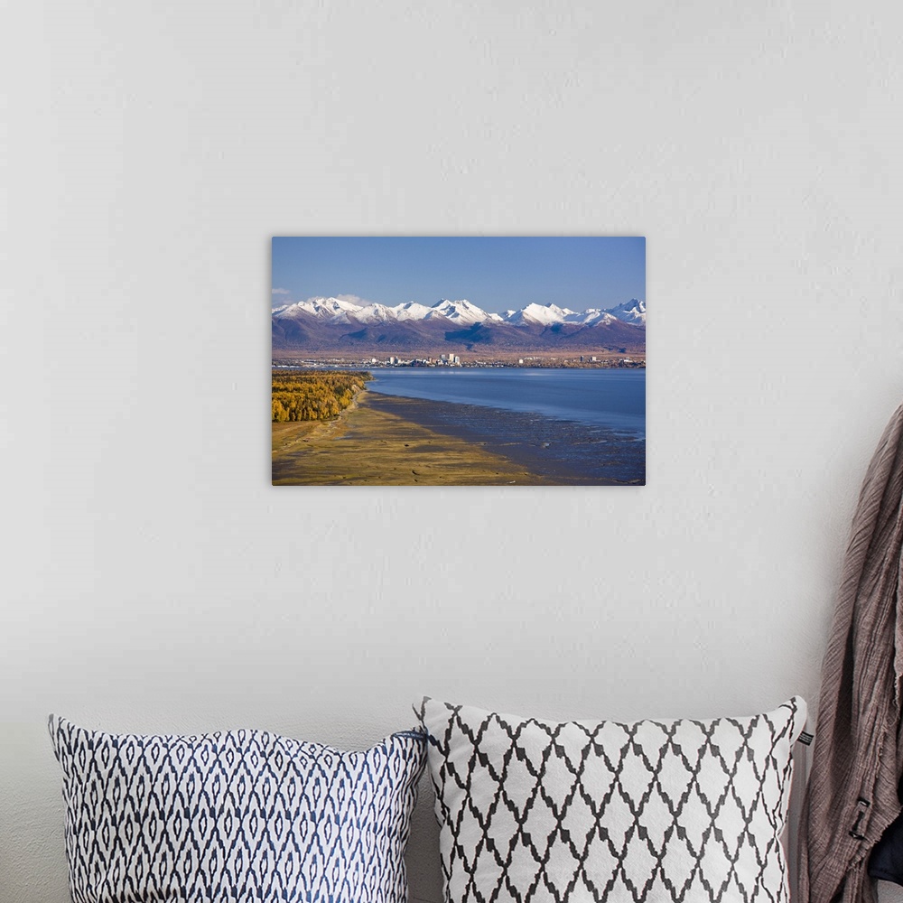 A bohemian room featuring Aerial view of the Anchorage skyline looking southeast from Point Mackenzie over Knik Arm with th...