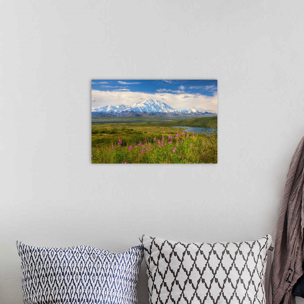 A bohemian room featuring HDR image of the north side of snow covered Mt. McKinley, Alaska range mountains, McKinley River ...