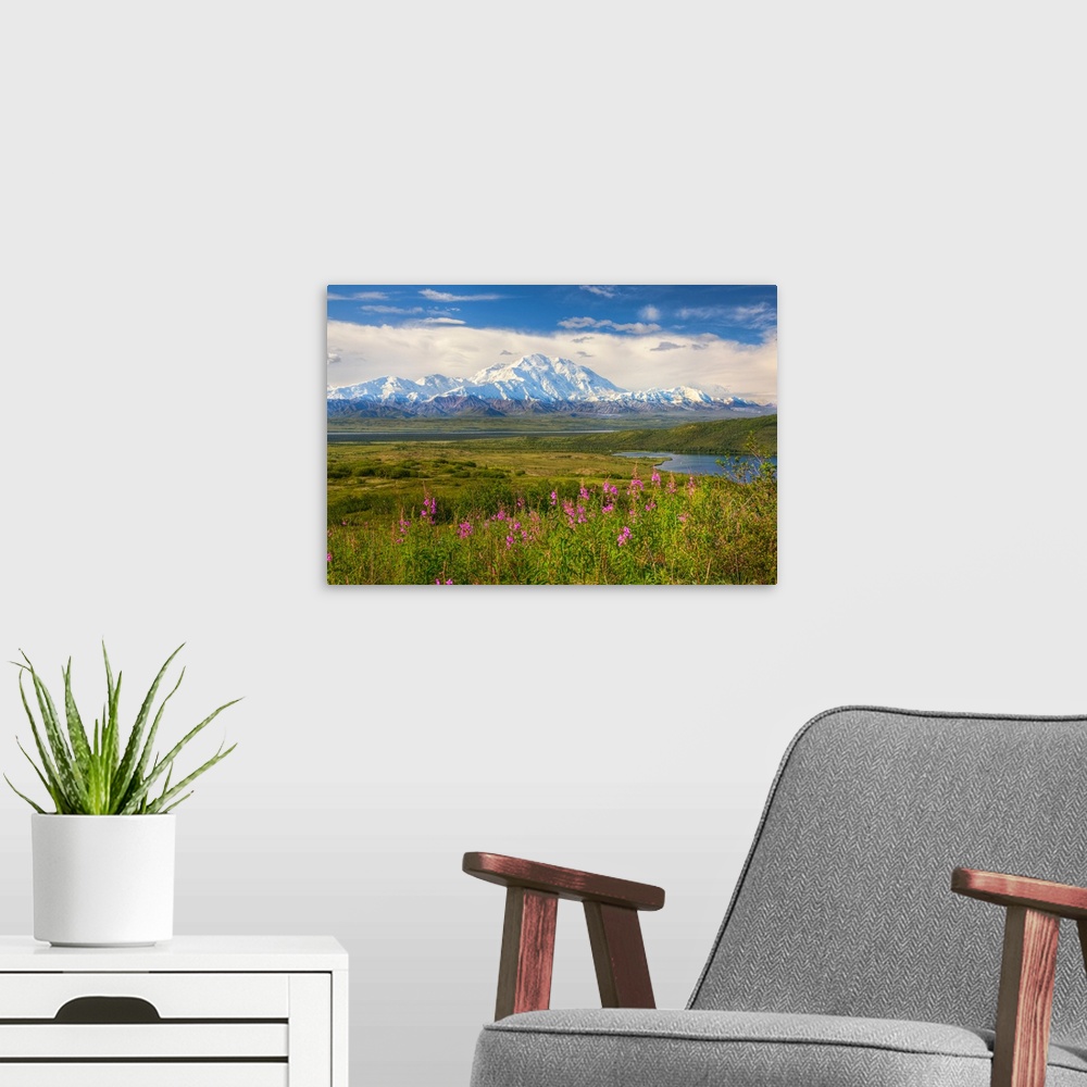 A modern room featuring HDR image of the north side of snow covered Mt. McKinley, Alaska range mountains, McKinley River ...