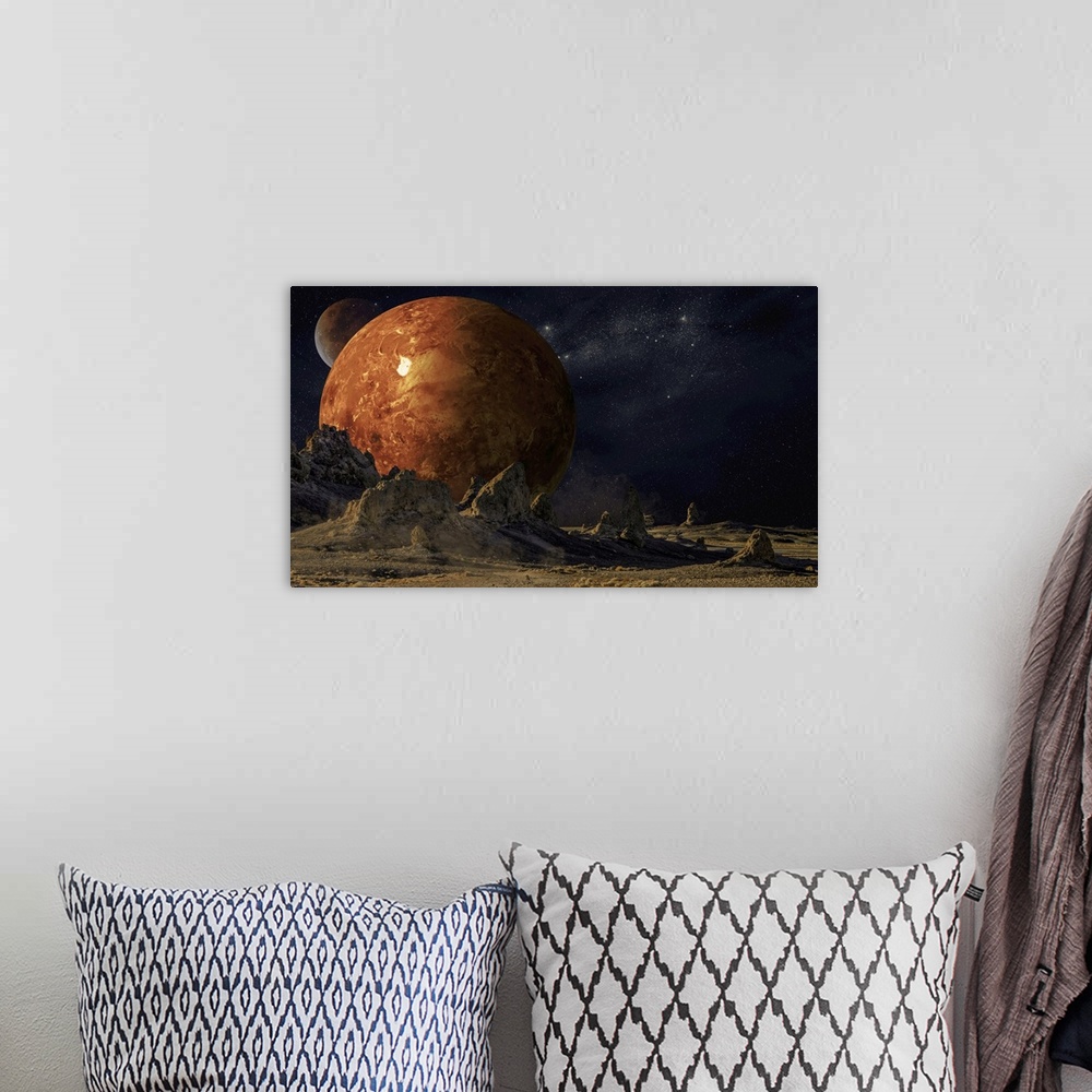 A bohemian room featuring View of Venus and moon from the surface of mars, a composite image.