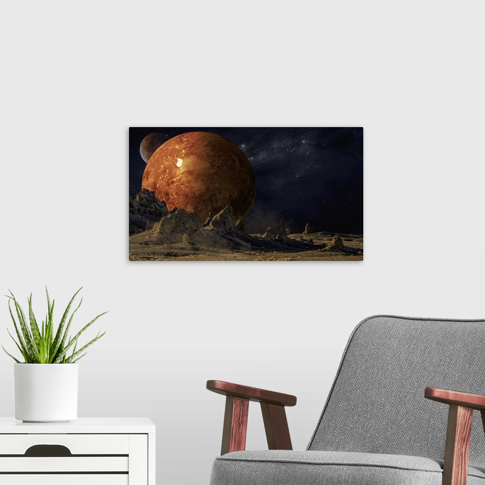 A modern room featuring View of Venus and moon from the surface of mars, a composite image.