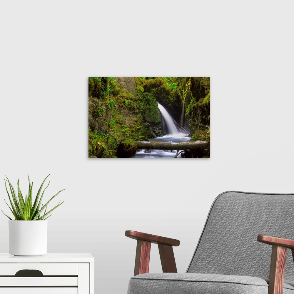 A modern room featuring Virgin Creek Falls near Girdwood, Alaska, HDR image