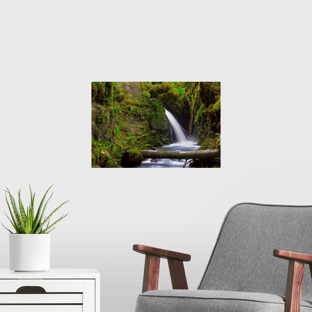 A modern room featuring Virgin Creek Falls near Girdwood, Alaska, HDR image