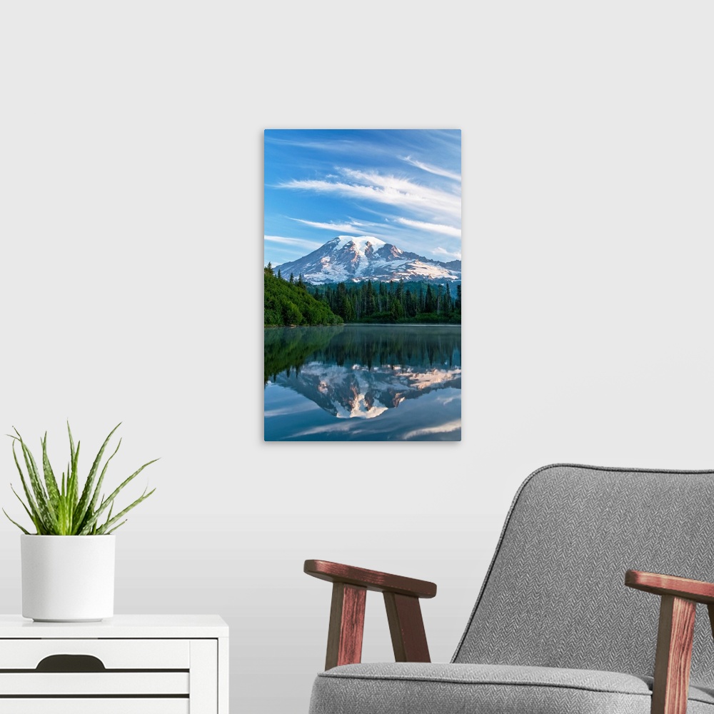 A modern room featuring Washington, Mount Rainier At Sunrise Reflecting Into Ben Lake
