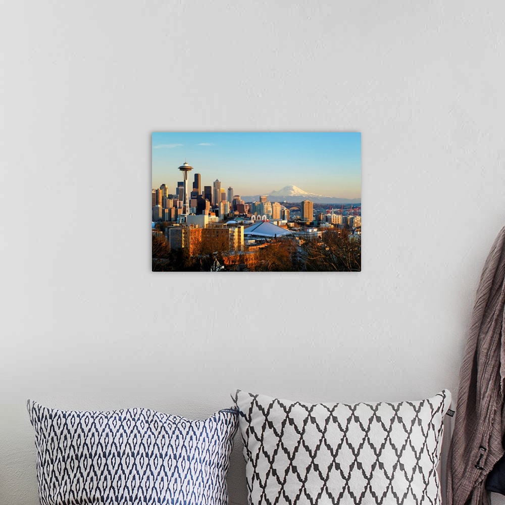 A bohemian room featuring Washington, Seattle, Cityscape Of The Space Needle And Mount Rainier
