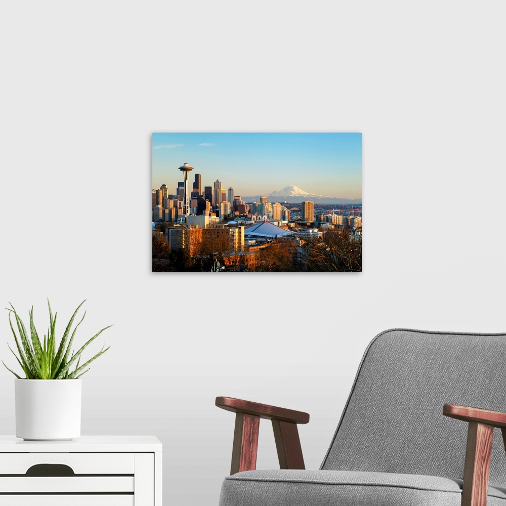 A modern room featuring Washington, Seattle, Cityscape Of The Space Needle And Mount Rainier
