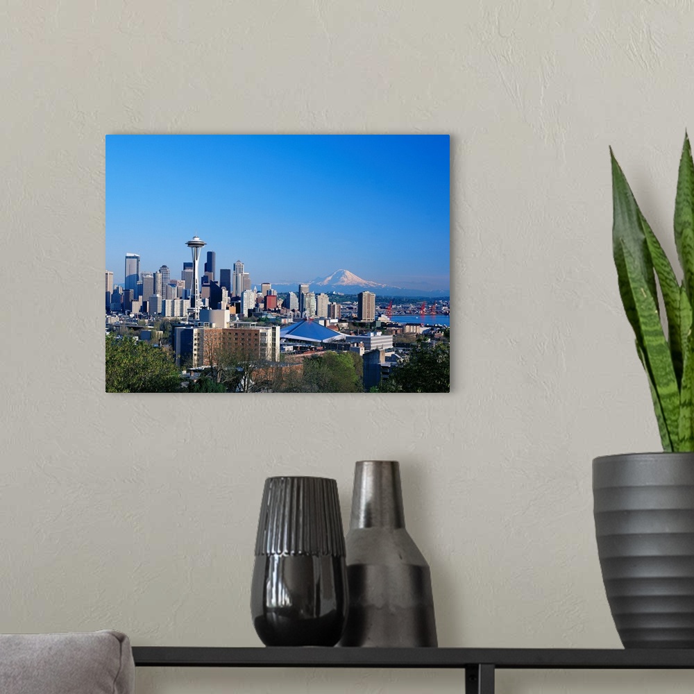A modern room featuring Washington, Seattle Skyline With Space Needle And Mount Hood In Background