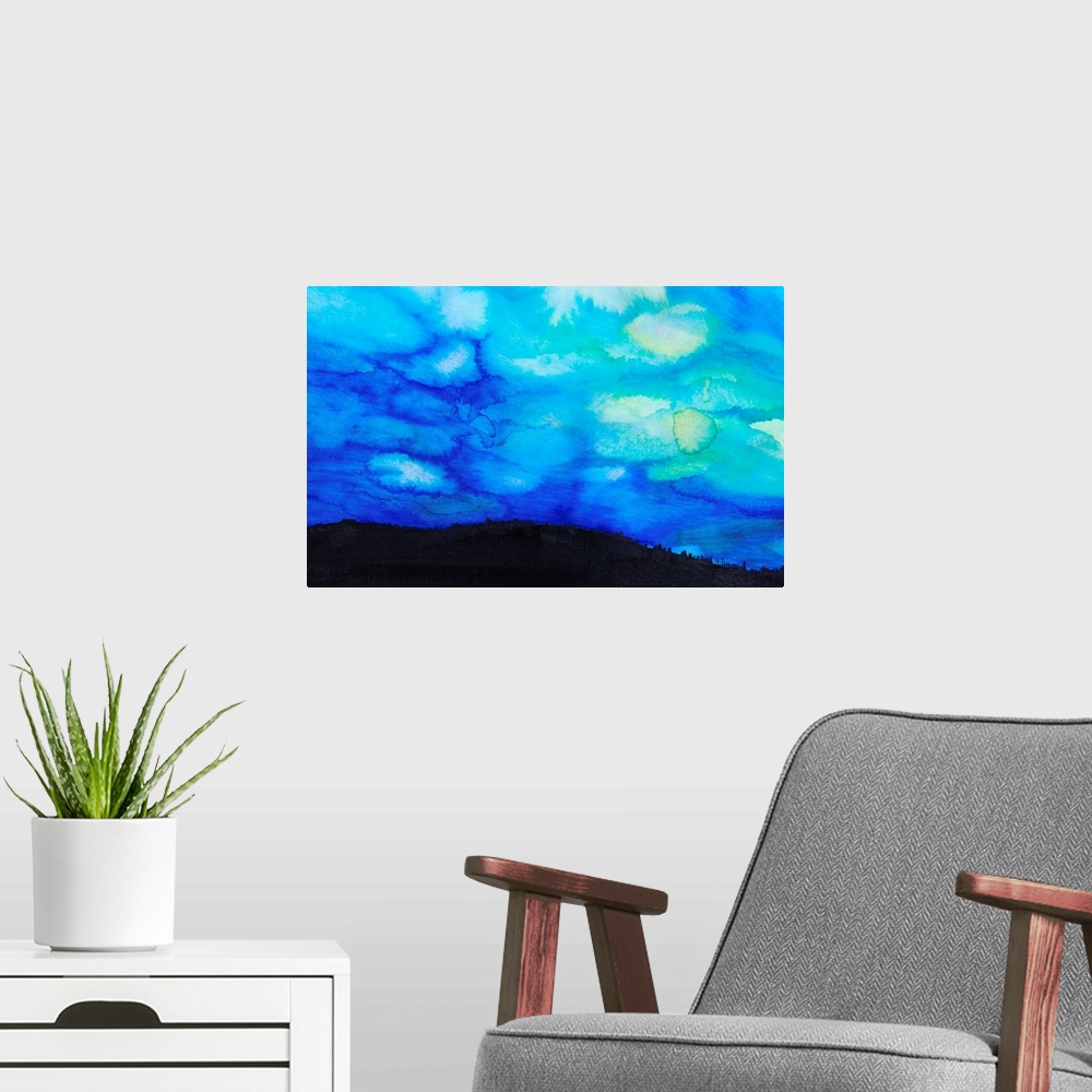 A modern room featuring Watercolor painting of a dramatic sky with blue clouds and silhouette of a landscape