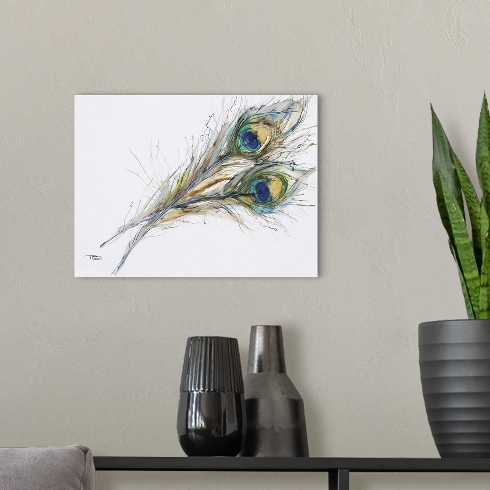 A modern room featuring Watercolor Painting Of Two Peacock Feathers