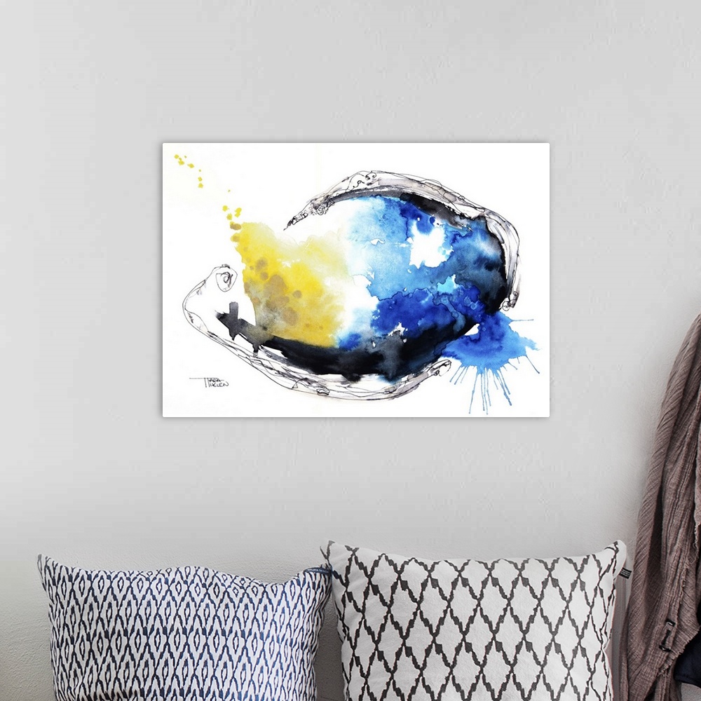 A bohemian room featuring Watercolour abstract painting with a fish shape