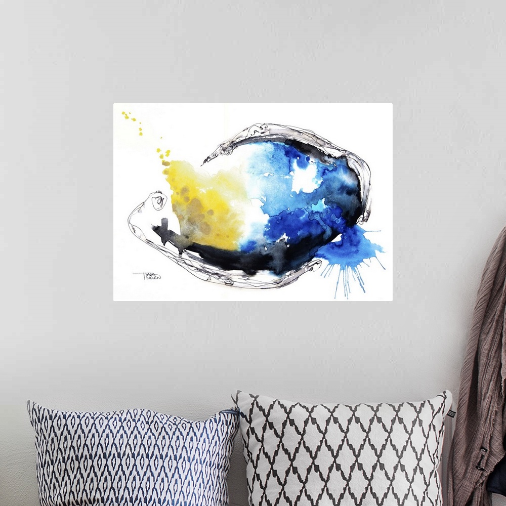 A bohemian room featuring Watercolour abstract painting with a fish shape