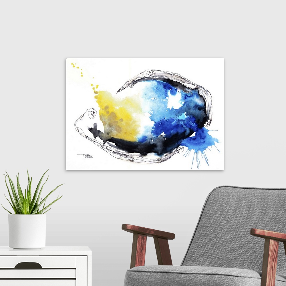 A modern room featuring Watercolour abstract painting with a fish shape