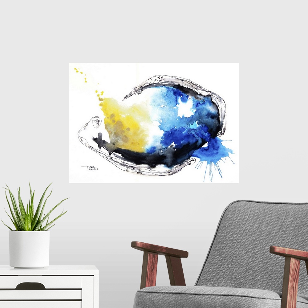A modern room featuring Watercolour abstract painting with a fish shape