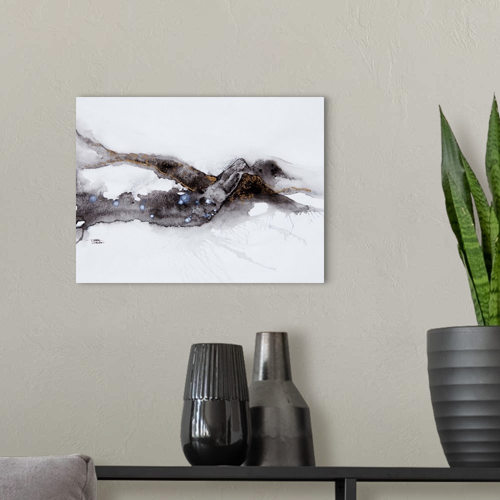 A modern room featuring Watercolour painting of an abstract black shape on a white background