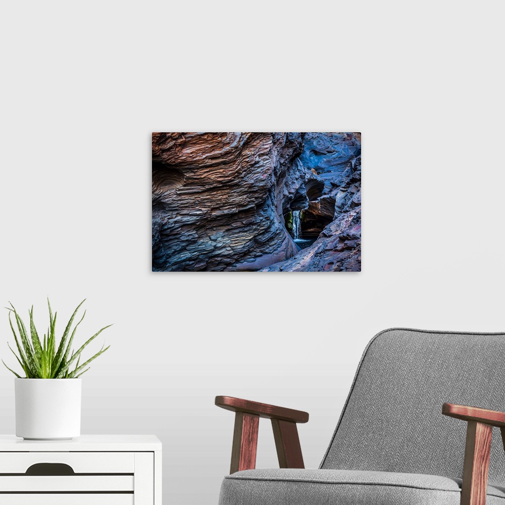 A modern room featuring Waterfall and Blue Rock, Hamersley Gorge, The Pilbara, Western Australia, Australia