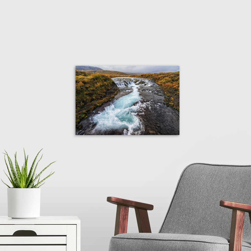 A modern room featuring Waterfall And Flowing Water In A River, Bruarfoss, Iceland